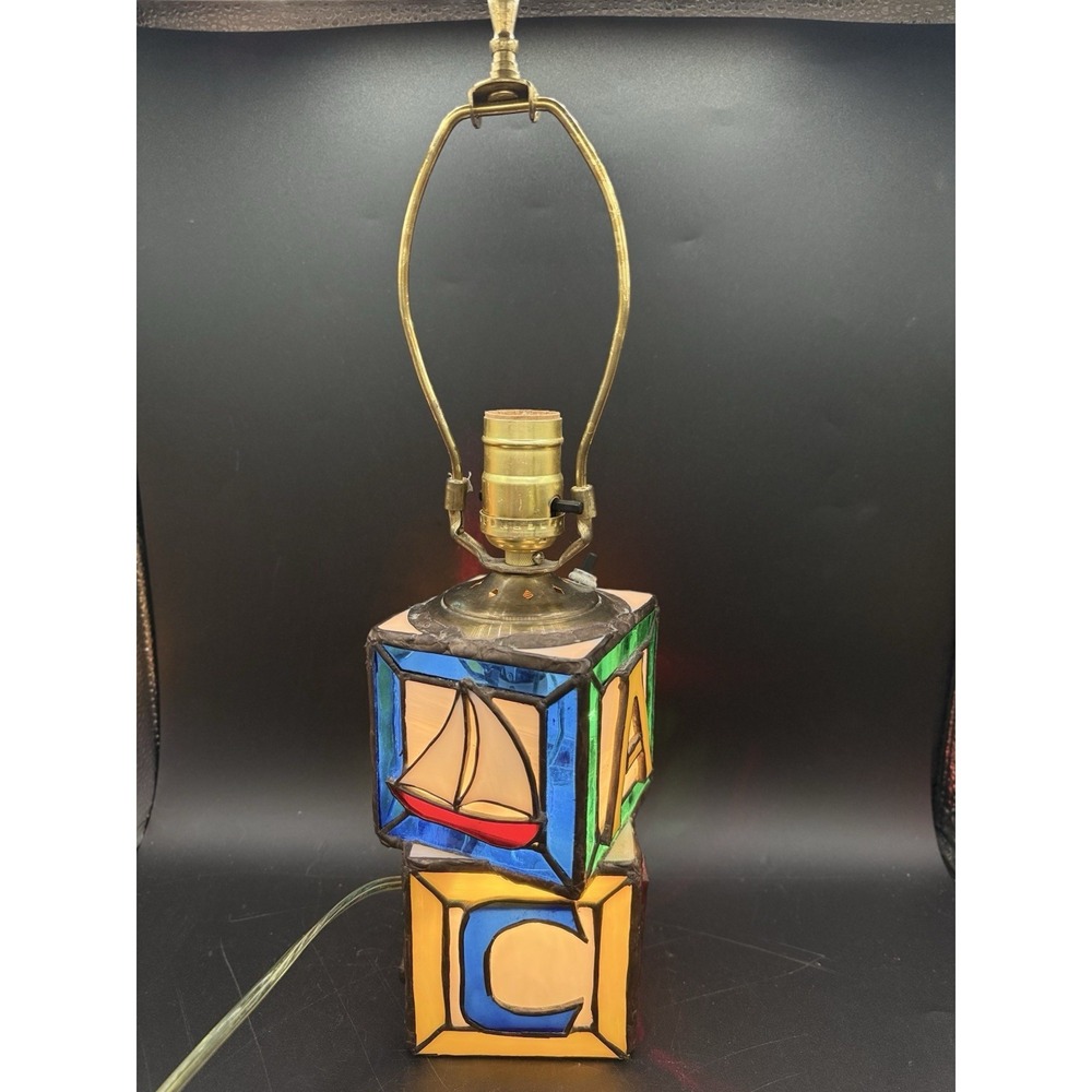 Vtg Stained Glass Alphabet ABC Block Table Lamp Base Nursery Nightlight Sailboat